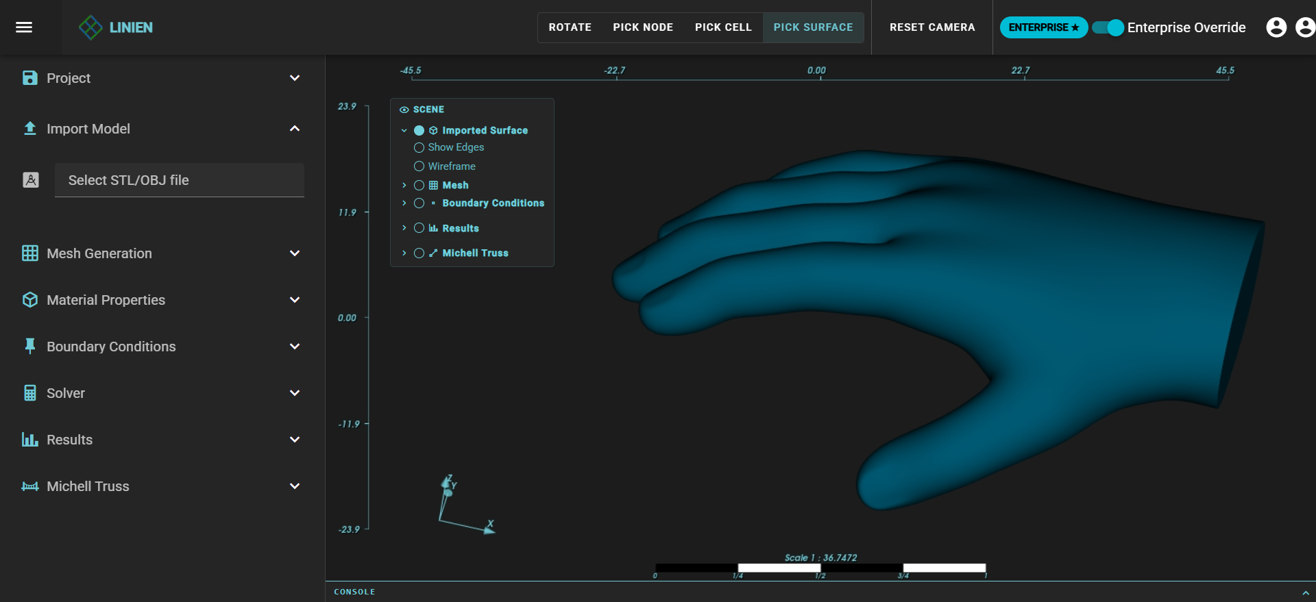 3D hand model imported into LINIEN from STL file with scene hierarchy panel